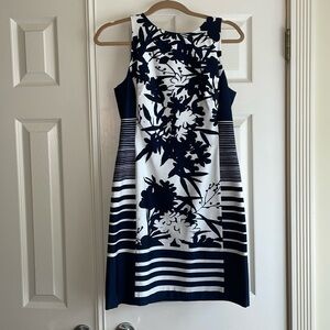LAUREN Ralph Lauren Striped / Floral Mixed Media Shift Dress Navy Blue Sz 4